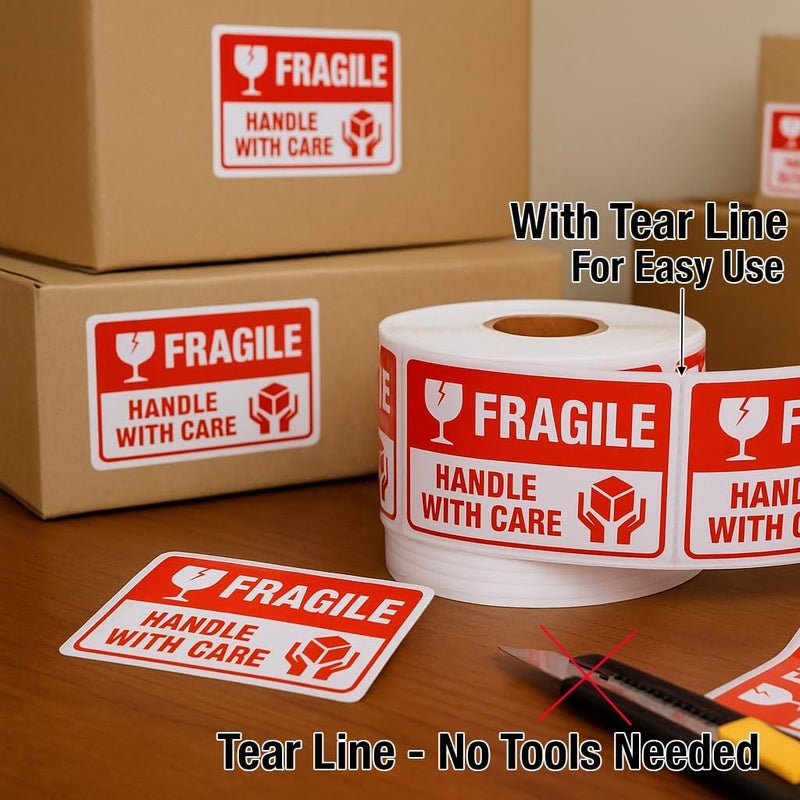 Mood Lab Fragile Stickers 3 x 2 Inch – Waterproof Handle with Care Labels for Shipping and Moving - 500 Strong Adhesive Stickers per Roll - Image 3